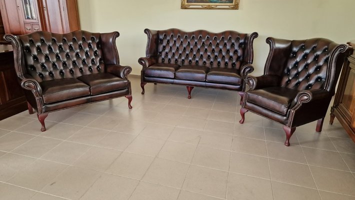 Queen Anne Dark Brown Chesterfield Living Room Set, Set of 3-ITF-1821968