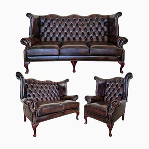 Queen Anne Dark Brown Chesterfield Living Room Set, Set of 3-ITF-1821968