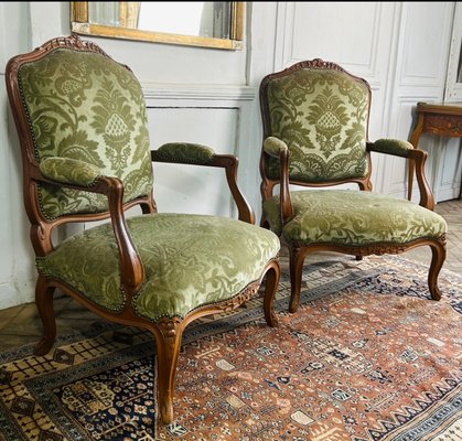 Queen Louis XV French Cabriolet Armchairs in Green Velvet Upholstery, 1860s, Set of 2-BXG-1700538