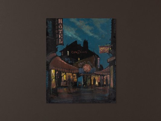 R. Marien, Pigalle in the Night, Oil on Wooden Plate, Framed-GPP-1125806