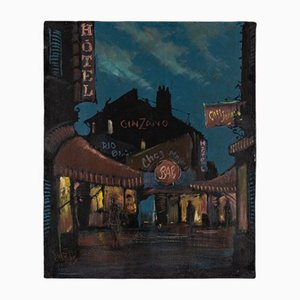 R. Marien, Pigalle in the Night, Oil on Wooden Plate, Framed-GPP-1125806