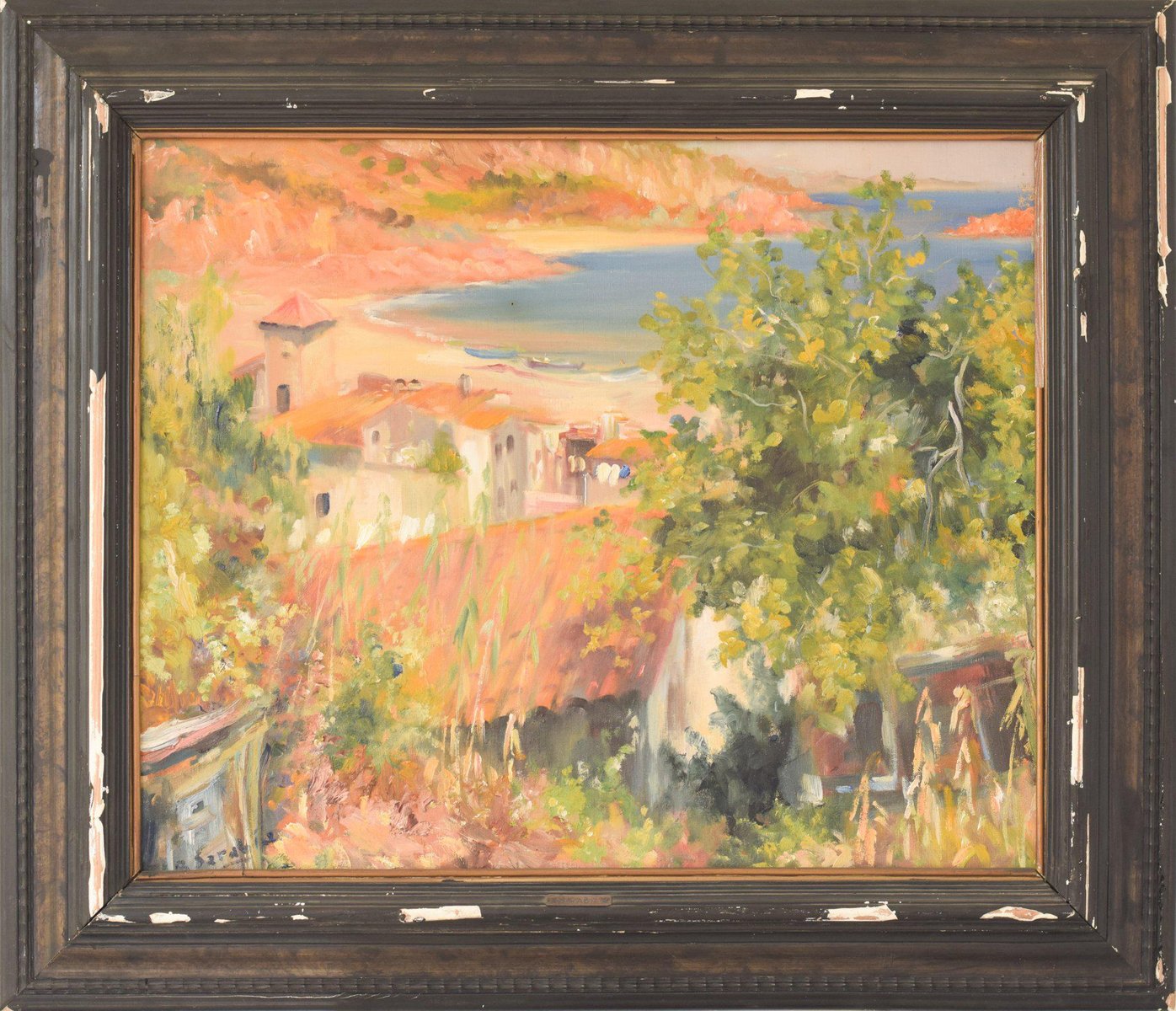 R Saralid, Impressionist Seaside Landscape with Village, Mid-20th Century, Oil on Canvas