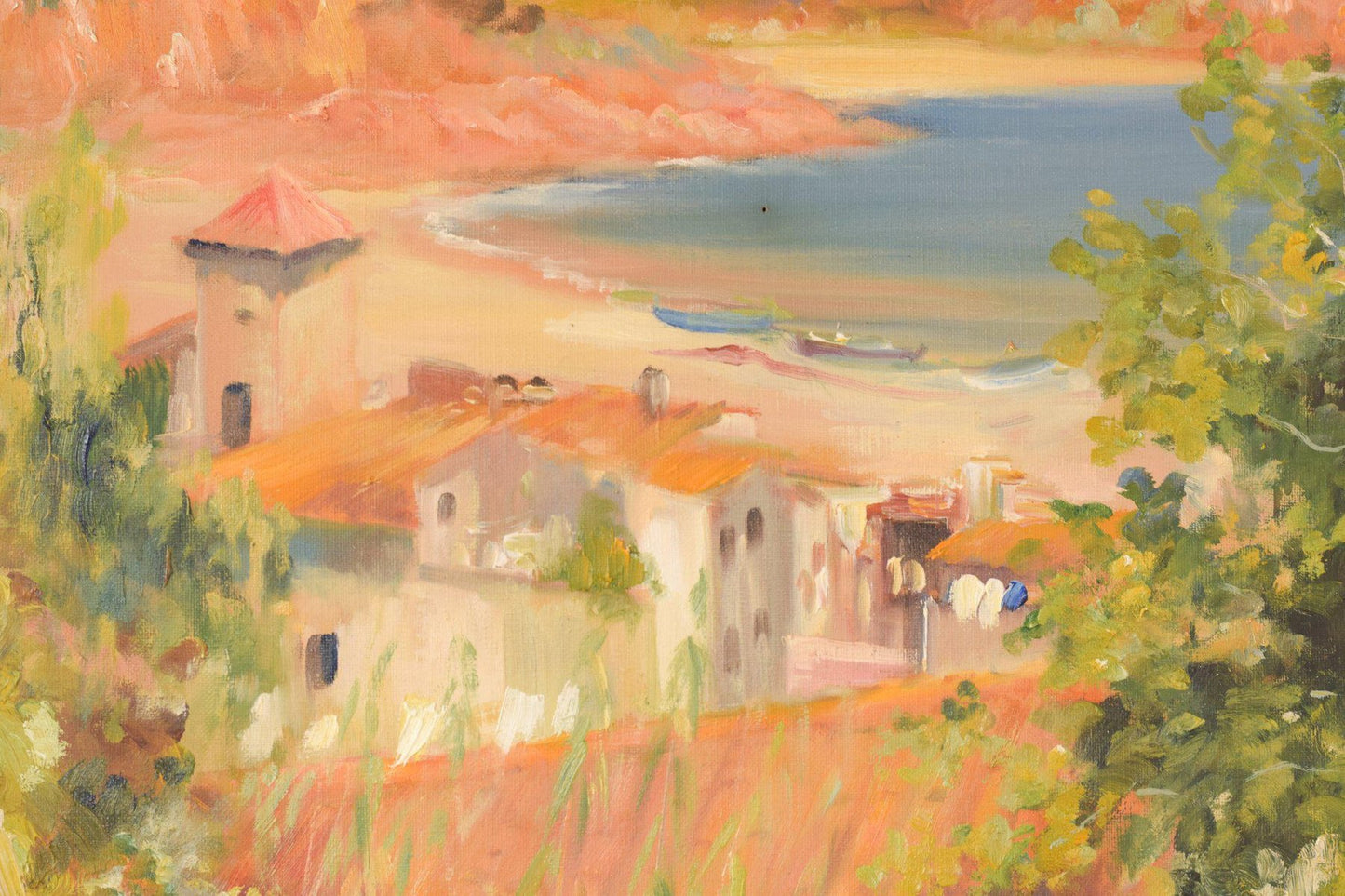 R Saralid, Impressionist Seaside Landscape with Village, Mid-20th Century, Oil on Canvas