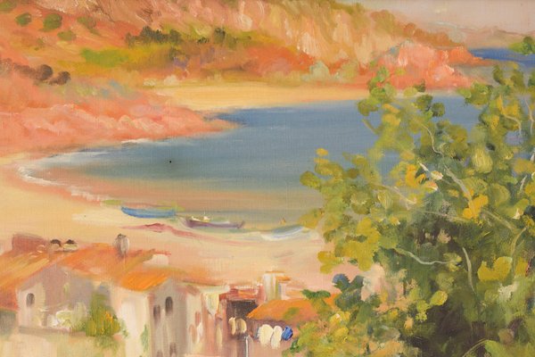 R Saralid, Impressionist Seaside Landscape with Village, Mid-20th Century, Oil on Canvas-AOI-1106781