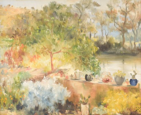 R. Saralid, Impressionist Summer Garden, 20th-Century, Oil on Canvas, Framed-AOI-1106726