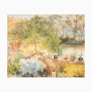 R. Saralid, Impressionist Summer Garden, 20th-Century, Oil on Canvas, Framed-AOI-1106726