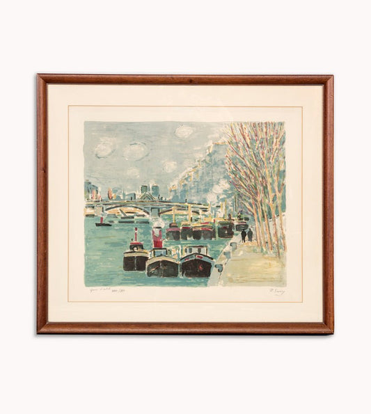 R. Savary, Quay of the Seine, Lithograph, Framed