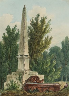 R. Viollette, Fountain with Obelisk in Park, 1829, Watercolor-OJR-1273278