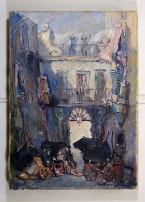 Raffaele Barscigliè, Naples Street Scene with Carriages, 1950s, Oil on Canvas-VHF-2018404