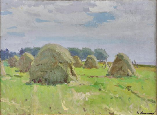 Raimonds Auniņš, Haystacks, 20th-Century, Oil on Canvas-WMV-1126939