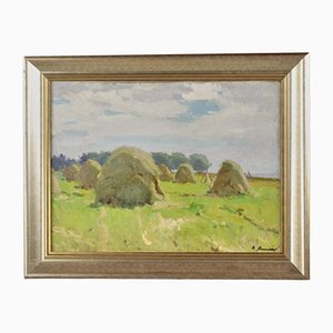 Raimonds Auniņš, Haystacks, 20th-Century, Oil on Canvas-WMV-1126939