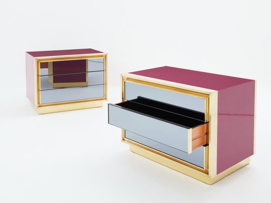 Raspberry Lacquer Brass Mirrored Nightstands from Maison Jansen, 1970s, Set of 2-YJA-1820199