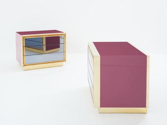 Raspberry Lacquer Brass Mirrored Nightstands from Maison Jansen, 1970s, Set of 2-YJA-1820199