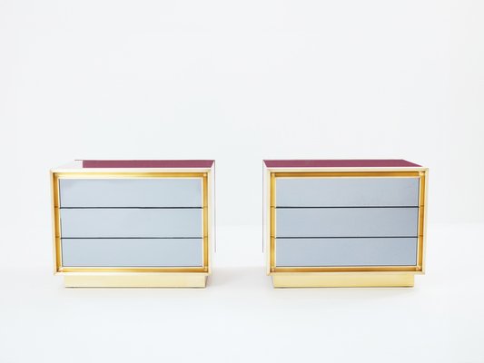 Raspberry Lacquer Brass Mirrored Nightstands from Maison Jansen, 1970s, Set of 2-YJA-1820199