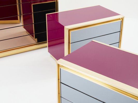 Raspberry Lacquer Brass Mirrored Nightstands from Maison Jansen, 1970s, Set of 2-YJA-1820199