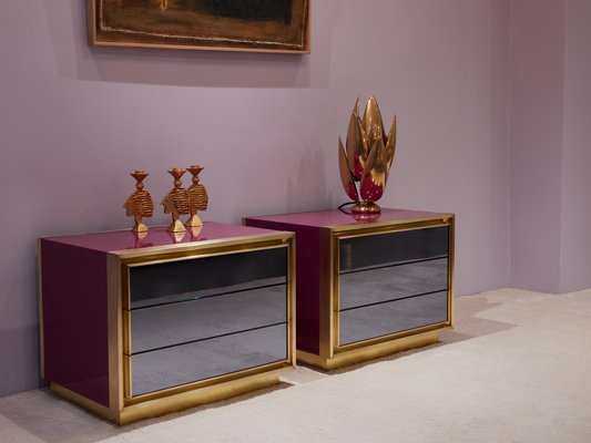 Raspberry Lacquer Brass Mirrored Nightstands from Maison Jansen, 1970s, Set of 2-YJA-1820199