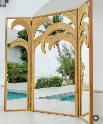 Rattan 3 Panel Folding Screen with Mirrors-DSC-1756876