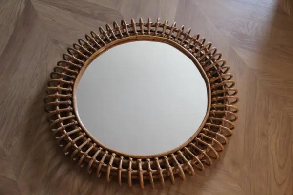 Rattan and Bamboo Round Wall Mirror by Franco Albini, 1960s-YF-1727653