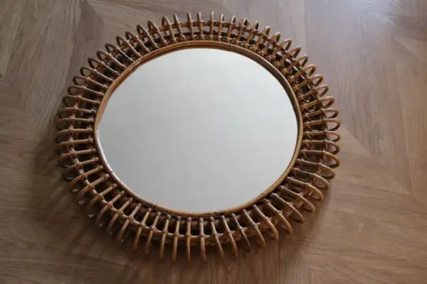 Rattan and Bamboo Round Wall Mirror by Franco Albini, 1960s-YF-1727653