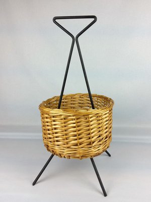 Rattan and Black Metal Magazine Rack, 1960s-YBU-777827