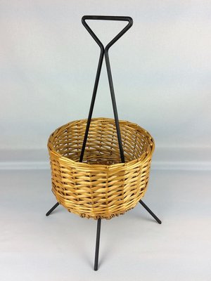 Rattan and Black Metal Magazine Rack, 1960s-YBU-777827