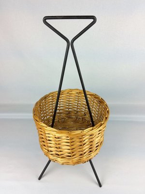 Rattan and Black Metal Magazine Rack, 1960s-YBU-777827