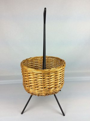 Rattan and Black Metal Magazine Rack, 1960s-YBU-777827