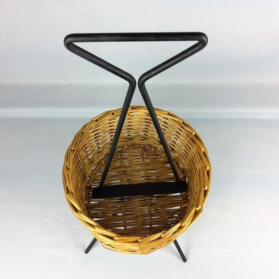 Rattan and Black Metal Magazine Rack, 1960s-YBU-777827