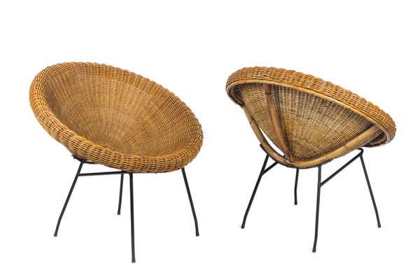 Rattan and Black Metal Sun Chairs, 1950s, Set of 2-CEJ-567133