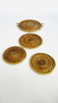 Rattan and Brass Table Service Set, Italy, 1970, Set of 4-INH-1757065