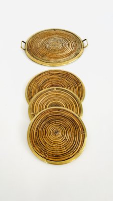 Rattan and Brass Table Service Set, Italy, 1970, Set of 4-INH-1757065