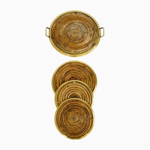 Rattan and Brass Table Service Set, Italy, 1970, Set of 4-INH-1757065