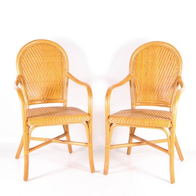 Rattan and Hand Woven Leather Armchairs, 1970s, Set of 2-DSC-2034842