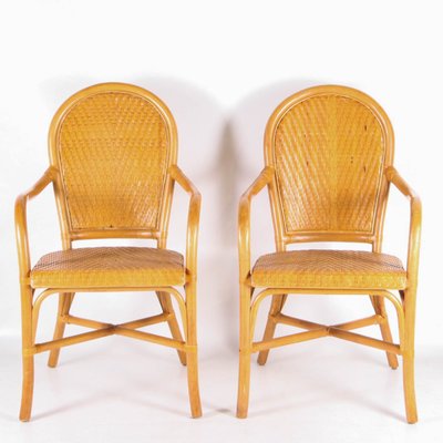 Rattan and Hand Woven Leather Armchairs, 1970s, Set of 2-DSC-2034842