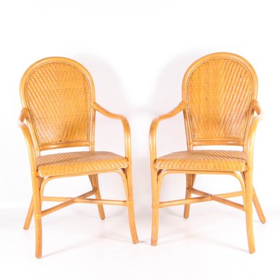 Rattan and Hand Woven Leather Armchairs, 1970s, Set of 2-DSC-2034842