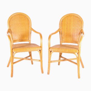 Rattan and Hand Woven Leather Armchairs, 1970s, Set of 2-DSC-2034842