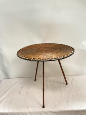 Rattan and Leather Side Table by Jacques Adnet, 1950s-VRR-1786723