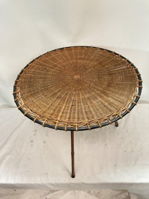 Rattan and Leather Side Table by Jacques Adnet, 1950s-VRR-1786723