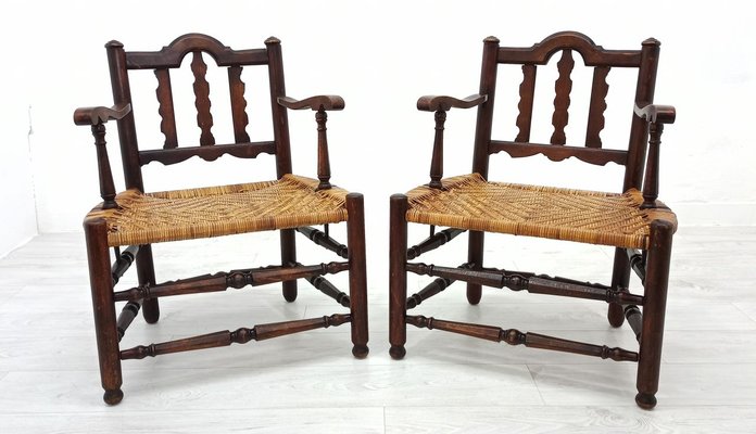 Rattan and Wood Armchairs, 1980s, Set of 2-WVA-1168091