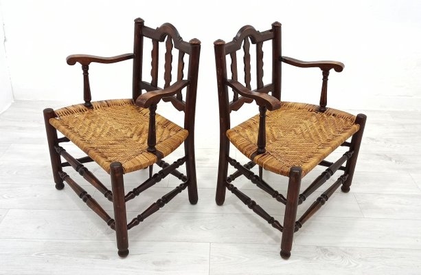 Rattan and Wood Armchairs, 1980s, Set of 2-WVA-1168091