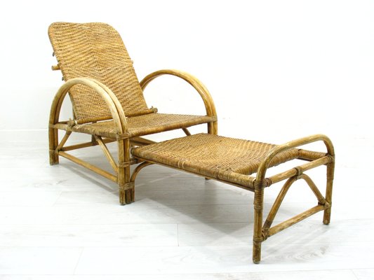 Rattan Armchair with Pull-Out Pouf, 1970s-WVA-1755053