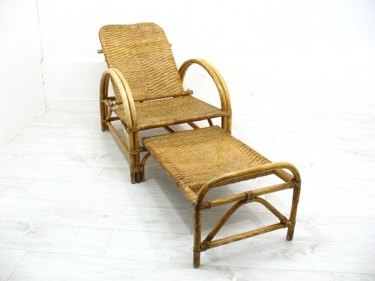 Rattan Armchair with Pull-Out Pouf, 1970s-WVA-1755053