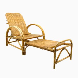 Rattan Armchair with Pull-Out Pouf, 1970s-WVA-1755053