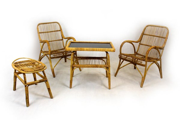 Rattan Armchairs, Table and Stool, 1960s, Set of 4-WVS-1320667