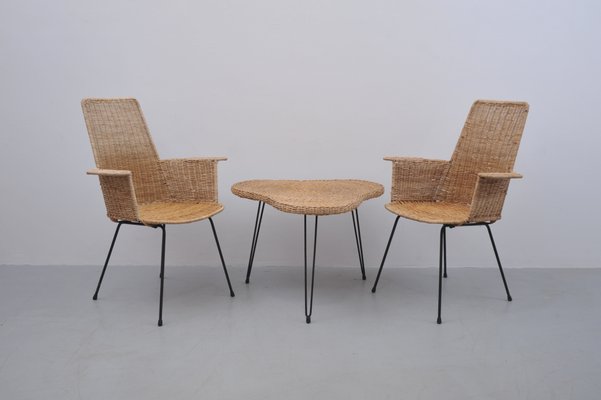 Rattan Armchairs with Table, Set of 3-ZE-995865