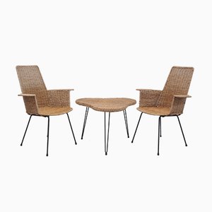 Rattan Armchairs with Table, Set of 3-ZE-995865