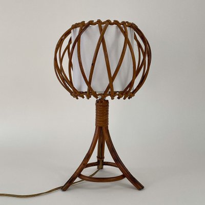 Rattan Bamboo and Fabric Table Lamp by Louis Sognot, France, 1950s-OE-1821536