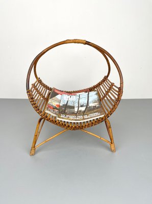 Rattan & Bamboo Curved Magazine Rack, Italy, 1960s-LYQ-1171403