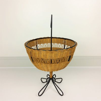 Rattan Basket on Black Metal Stand, 1950s-YBU-743644