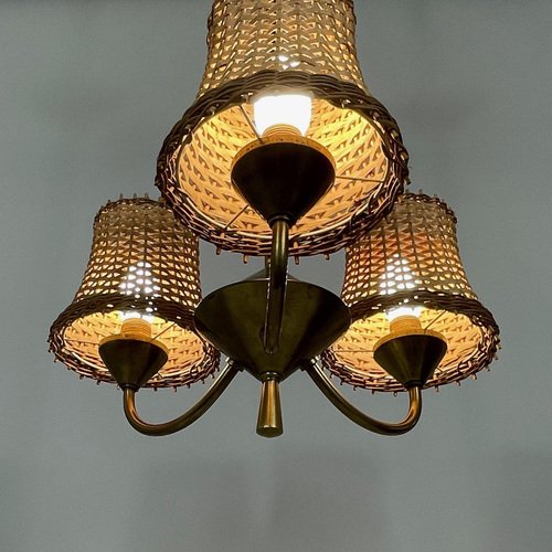 Rattan & Brass 3-Light Chandelier, Austria, 1950s